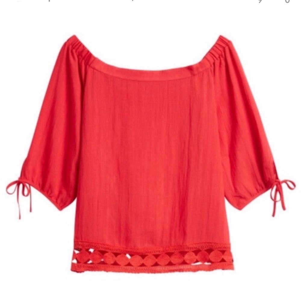 Greylin Red Off the Shoulder 3/4 Length Sleeve Lace Hem Blouse